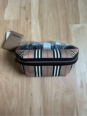 Burberry Beige, Black & Red Striped Zip Pouch
